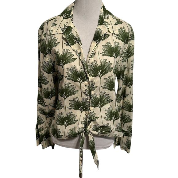 Zara NEW Tropical Cropped Shirt Womens Medium Green Cream Button Tie Waist Top - Picture 2 of 9